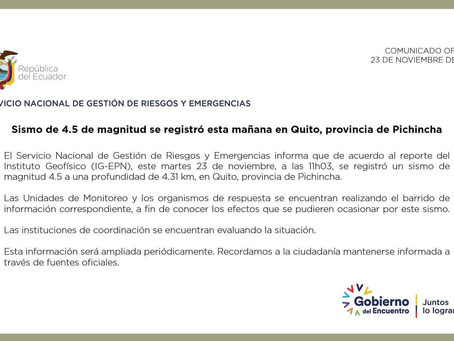 SISMO DE 4.5 SE REGISTRÓ EN QUITO