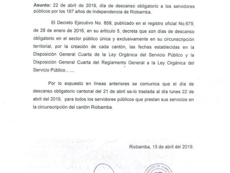 DECRETO EJECUTIVO No.858 DECRETO FERIADO PARA SERVIDORES PÚBLICOS EN LA CIRCUNSCRIPCIÓN DE RIOBAMBA