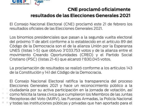 ¡OFICIAL! LOS CANDIDATOS ARAUZ Y LASSO PASAN A SEGUNDA VUELTA