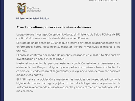PRIMER CASO DE VIRUELA DEL MONO EN EL ECUADOR