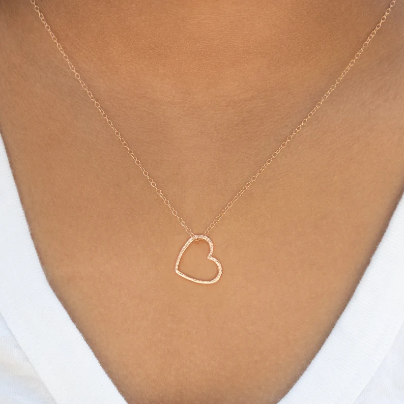 Thumbnail: Hammer Finish Heart Charm Necklace in Silver or Gold