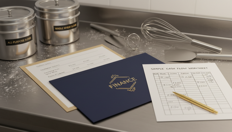 Close-up view of equipment quotes and cash flow notes on a bakery prep table.