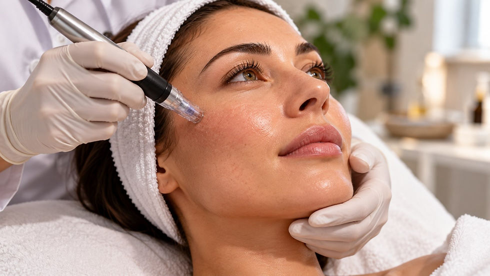 Aesthetician performing a facial microneedling treatment on a woman