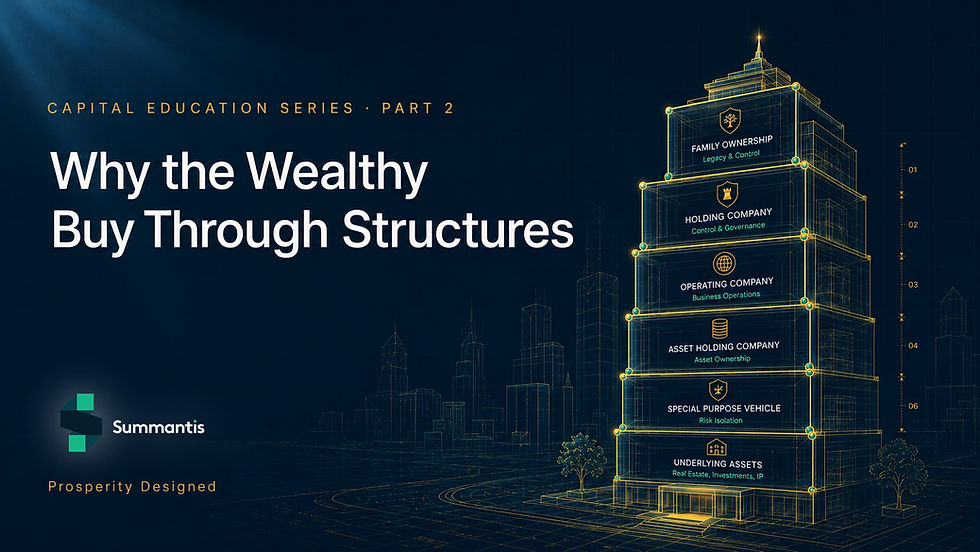Dark finance infographic: Why the Wealthy Buy Through Structures, showing a stacked company pyramid from family ownership to assets.