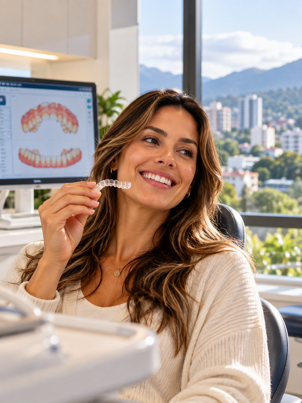 Smiling woman holds clear aligner in a bright dental office; monitor shows teeth, with city and mountains outside window.