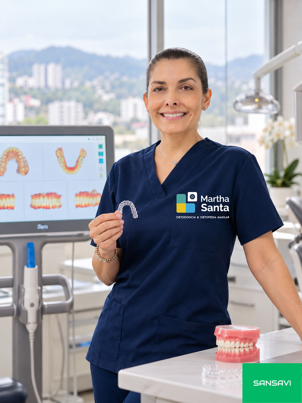 Smiling orthodontist in navy scrubs holds a clear aligner in a bright clinic; teeth scans on screen, Martha Santa and Sansavi logos.