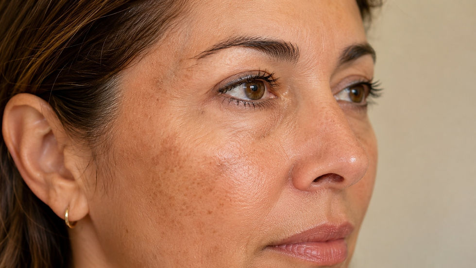 Close-up of a woman’s face in profile, looking right, with natural skin texture and a calm expression.