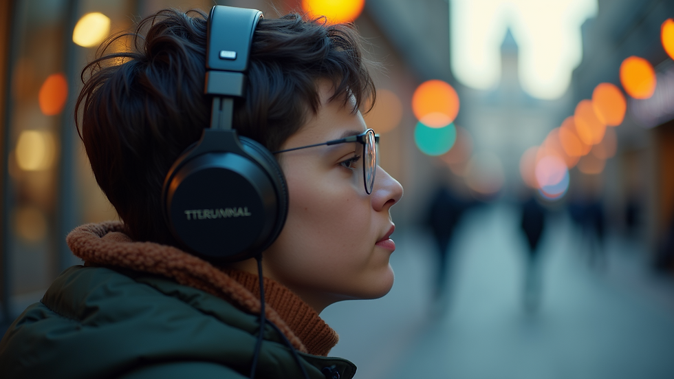 Close-up view of a person wearing wireless headphones while enjoying music