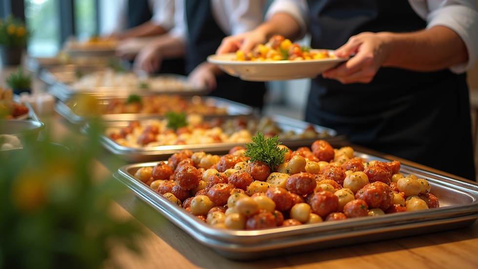 High angle view of a catering staff setting up a business meeting buffet