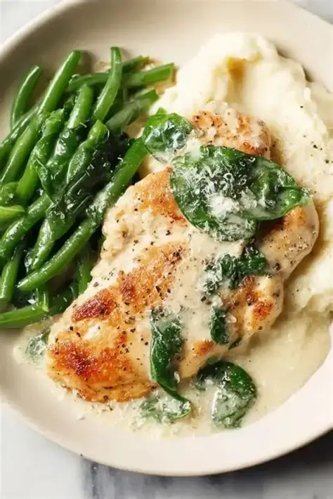 High angle view of plated creamy Florentine stuffed chicken with sautéed green beans and roasted potatoes