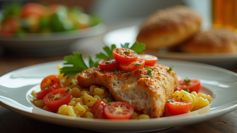 Close-up view of a plated Southern-style meal with vibrant colors