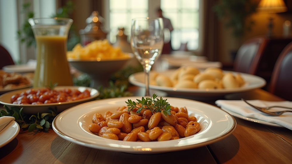 Eye-level view of a beautifully arranged Southern-style buffet table