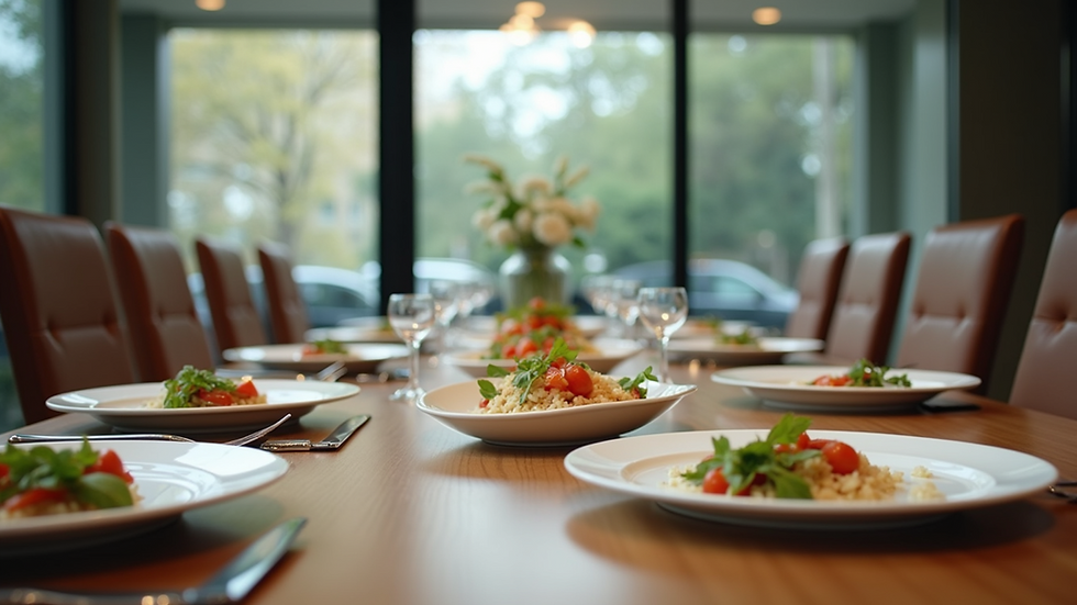 Eye-level view of a beautifully arranged business meeting table with plated meals