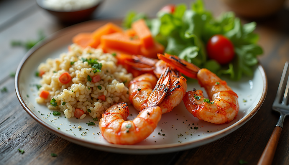 High angle view of a beautifully plated dish of bourbon-glazed shrimp skewers with sides