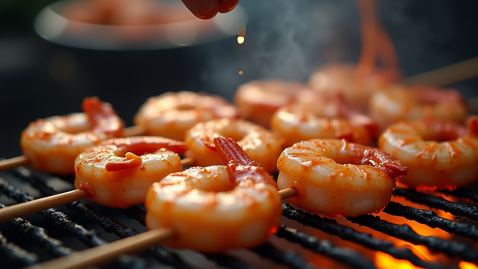 Close-up view of bourbon-glazed shrimp skewers on a grill