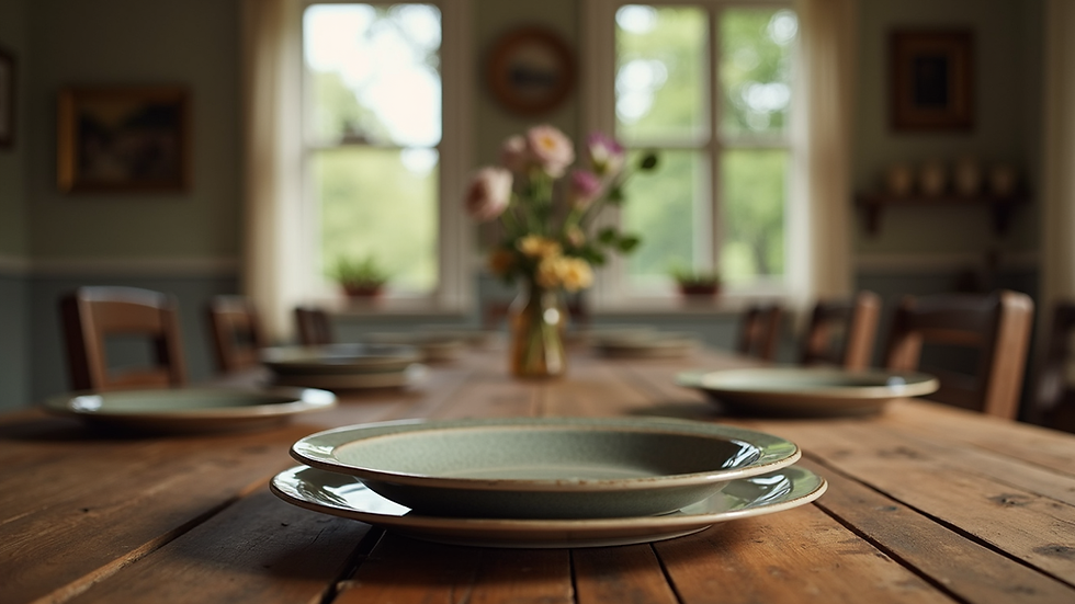 Eye-level view of a rustic wooden table set with Southern-style dishes