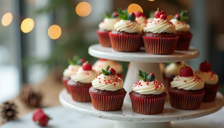 Eye-level view of mini cupcakes with holiday-themed frosting and sprinkles arranged on a tiered stand