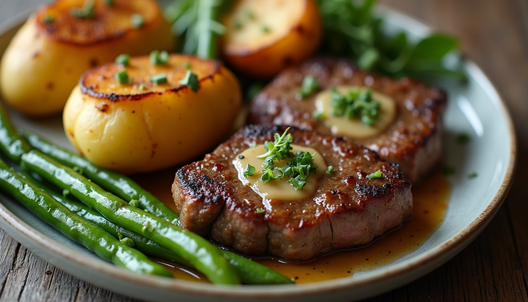 High angle view of plated garlic butter steak bites with roasted potatoes and green beans