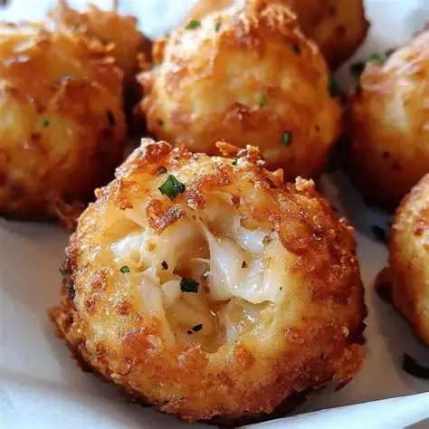Close-up view of golden Cajun crab beignets dusted with Creole seasoning on a rustic plate