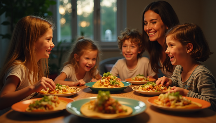 High angle view of a family gathered around a table enjoying tacos