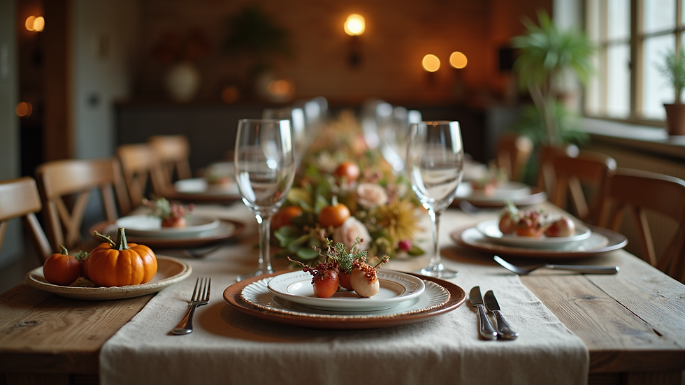 Eye-level view of a rustic dining setup with seasonal decor