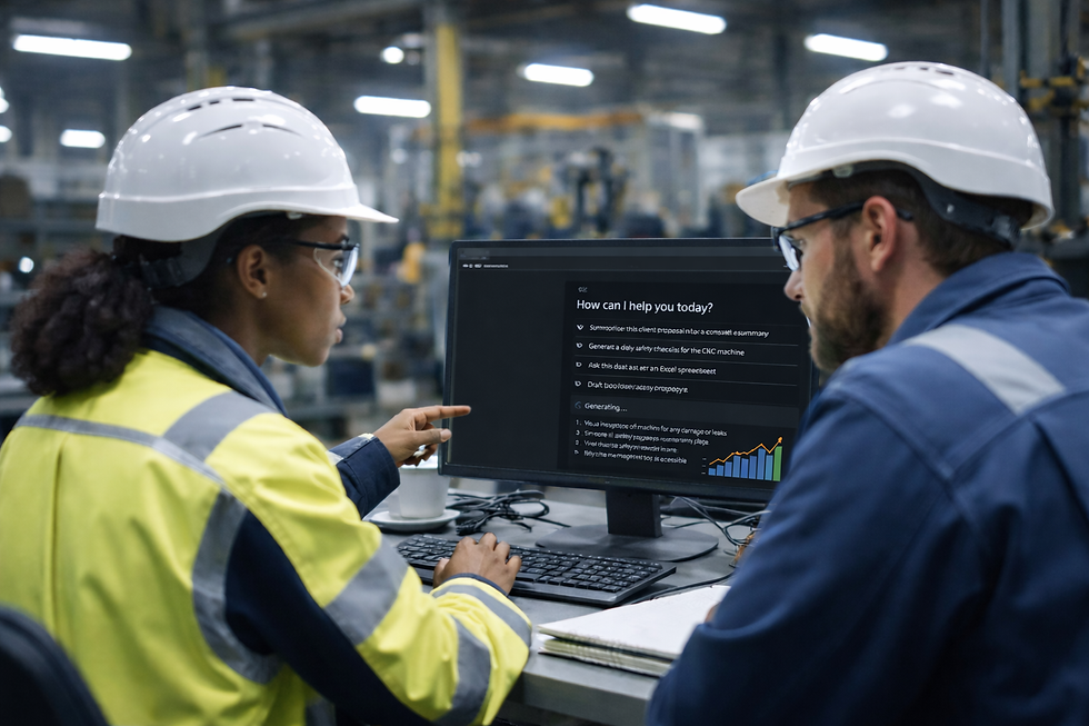 A manufacturing team of two learning how to use AI (created using ChatGPT)