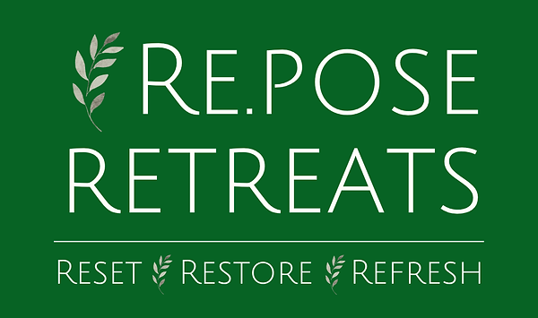 Branded name reads: Repose retreats, reset, restore, refresh, with leaves in between on a green background 