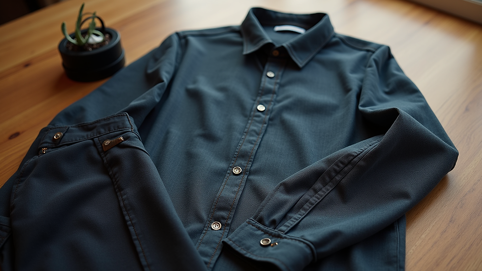 Eye-level view of a stylish men's outfit laid out on a wooden surface