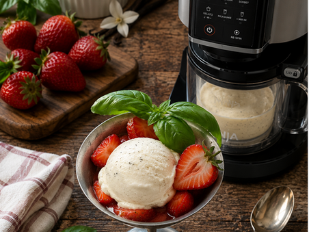 a bowl of vegan vanilla ice cream with a Ninja Creami ice cream maker and strawberries