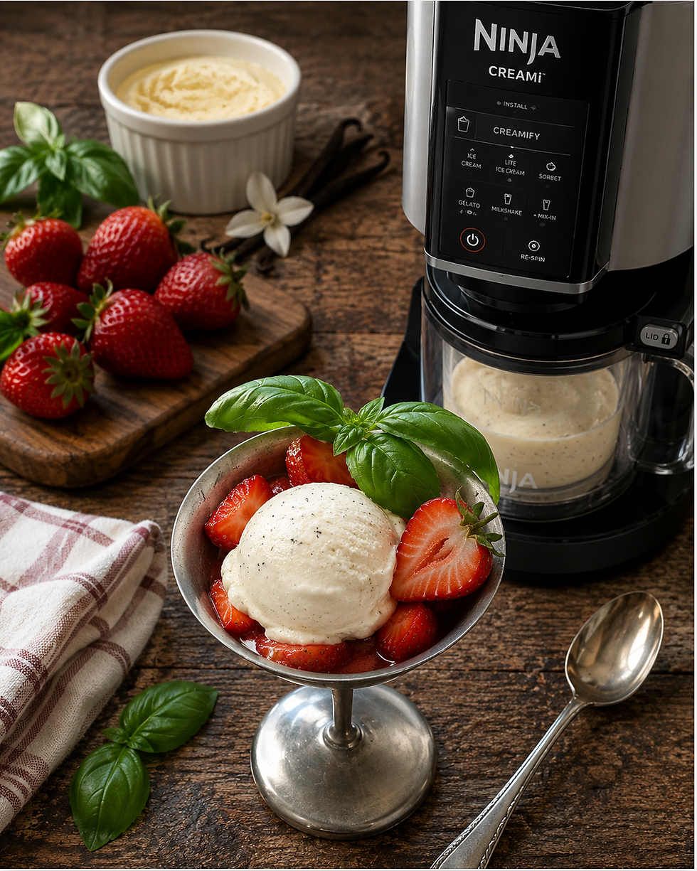 a bowl of vegan vanilla ice cream with a Ninja Creami ice cream maker and strawberries