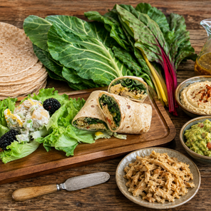 a wooden board platter with sliced garden wraps, surrounded by fresh greens and ingredients