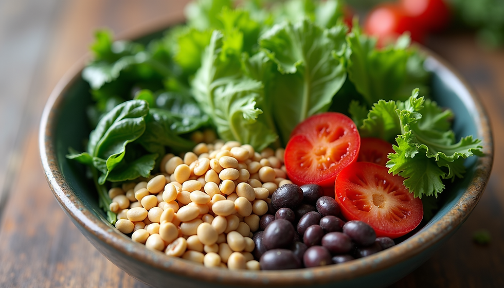 a bowl of fresh lettuce, beans and herbs