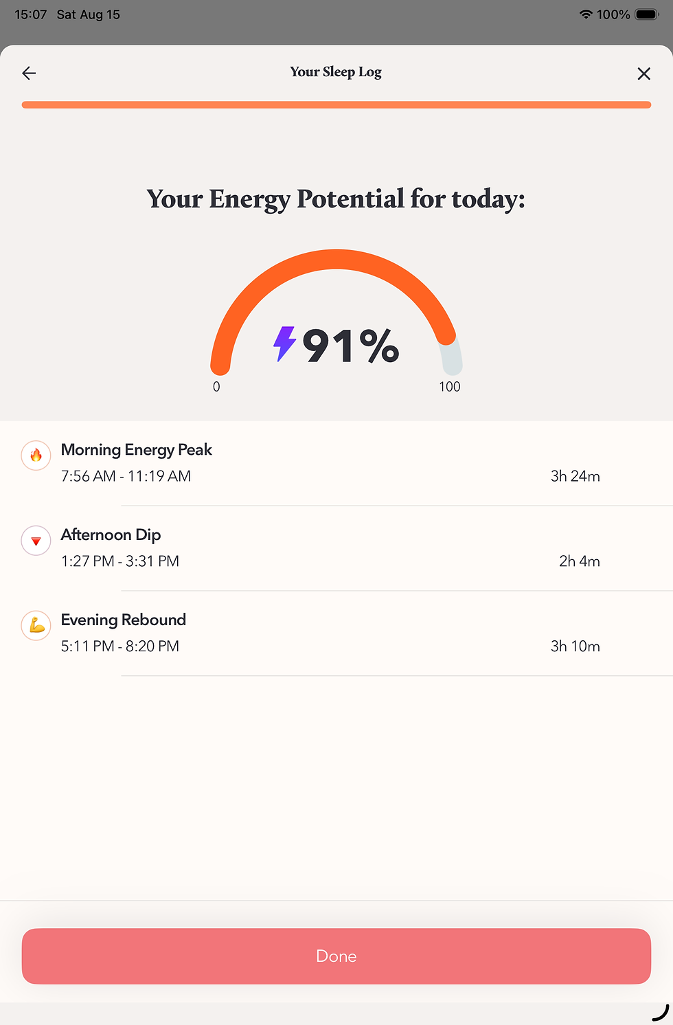 A daily energy potential score in the sleep reset app based on the previous night's sleep