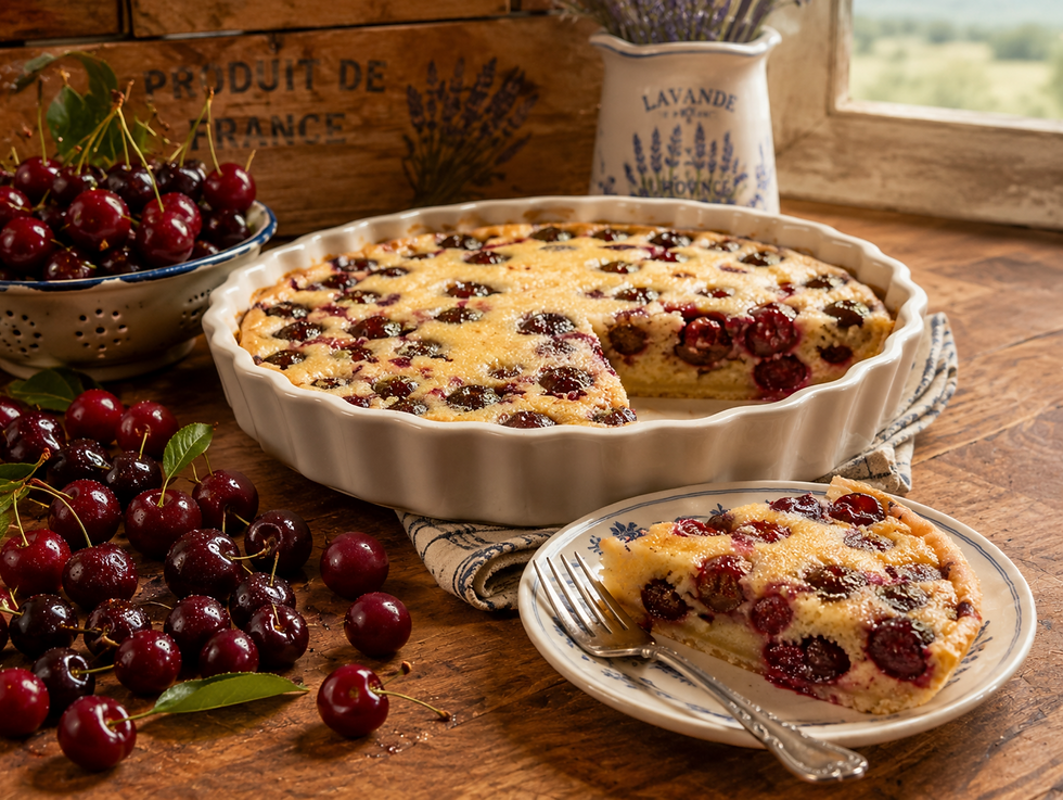 a baking dish with cherry clafoutis, a plate with a slice, a mound of fresh cherries, all on a rustic wood countertop