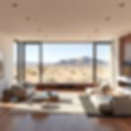 Eye-level view of modern living room with light wood flooring and desert landscape visible through windows