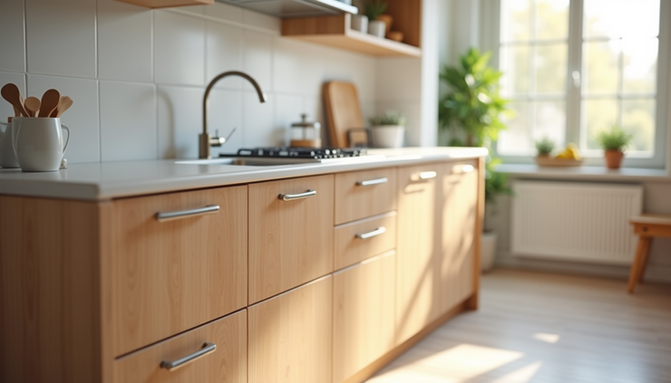 Eye-level view of modern kitchen cabinets with natural wood finish and sleek handles