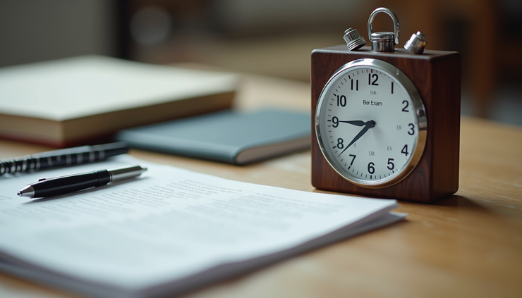 Close-up view of a timer next to a bar exam study guide and notes