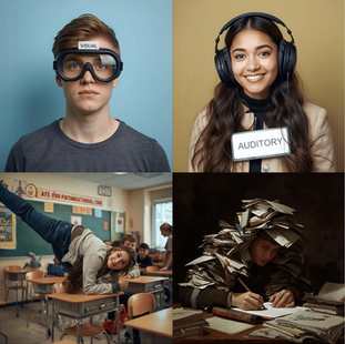 Four learners labelled Visual, Auditory, Kinesthetic, and Reading/Writing