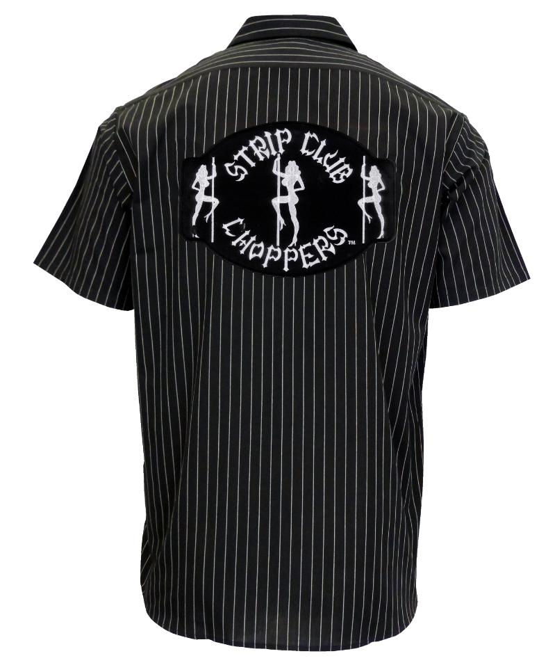 Thumbnail: men's strip club choppers black mechanic shop shirt back view