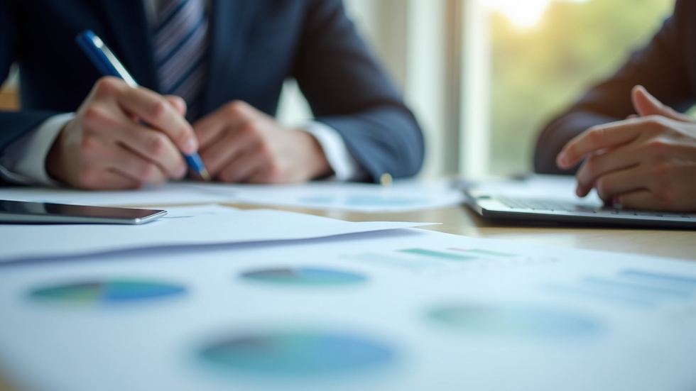 Close-up view of financial documents and charts on a desk during a capital advisory meeting
