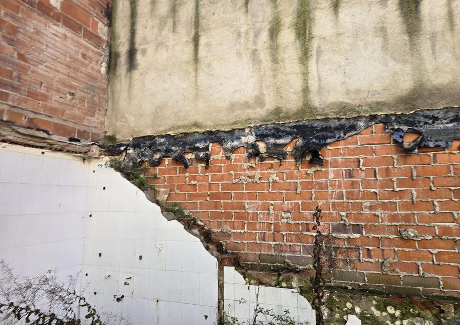Damaged brick wall, exposed layers, crumbling plaster, and stained concrete.