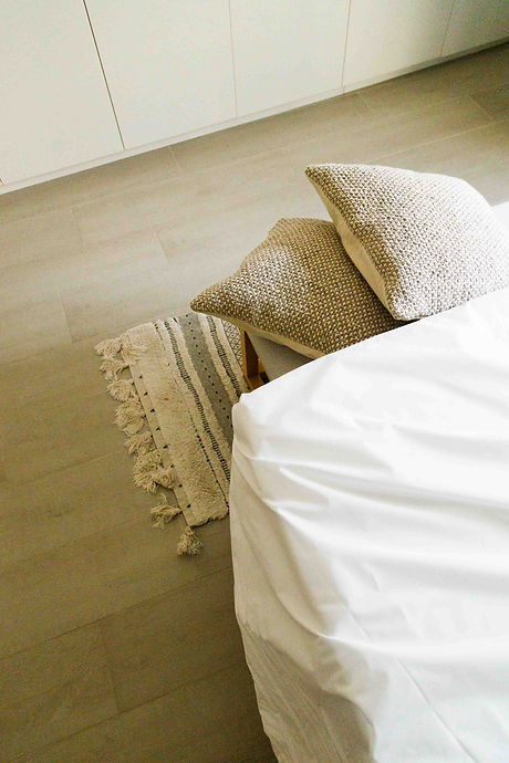 A bed and cushions