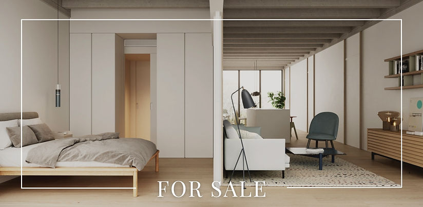 Modern bedroom and living room interior displayed, FOR SALE.