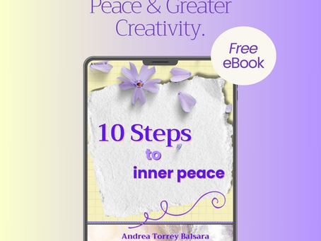 Ebook cover with purple floral design on phone, titled "10 Steps to Inner Peace." Background text: "Practical Steps to Inner Peace & Greater Creativity."