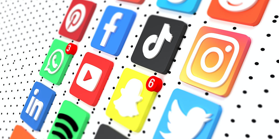 Colorful social media app icons with notification badges against a dotted background, featuring WhatsApp, Snapchat, and others.