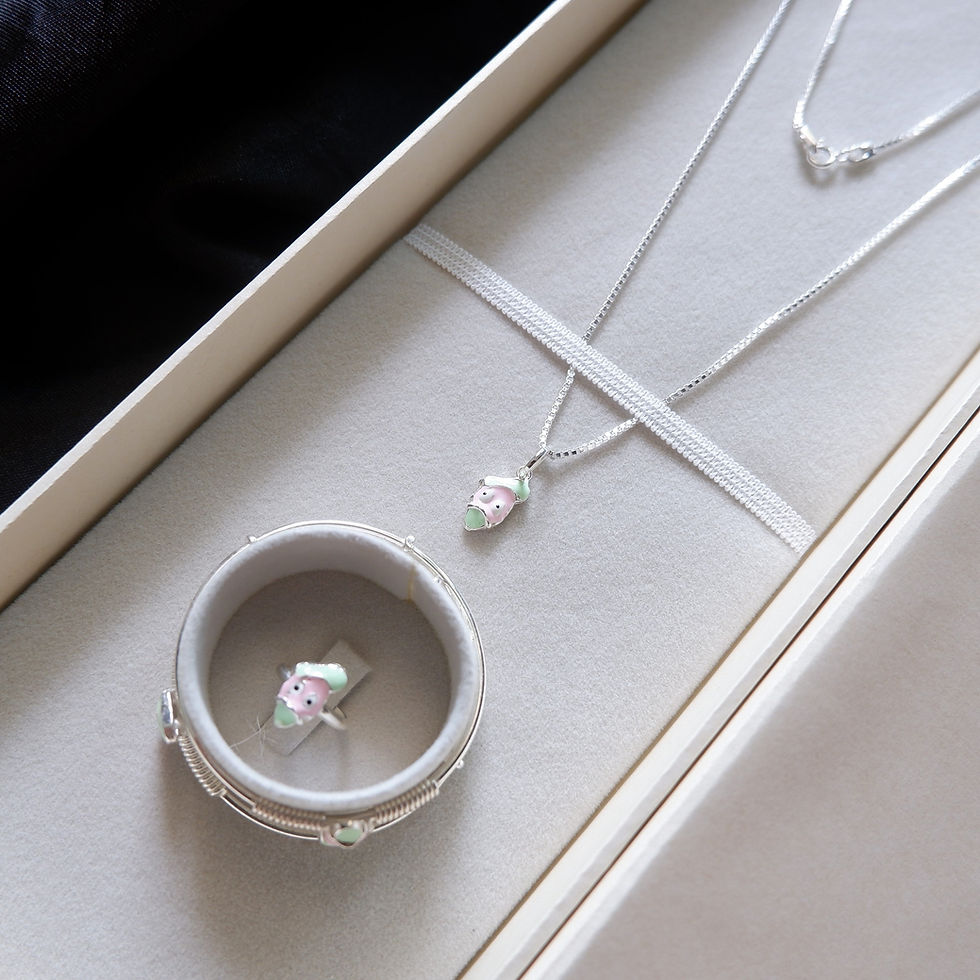 925 Silver Coordinated Kids Set Pink & Green Duck