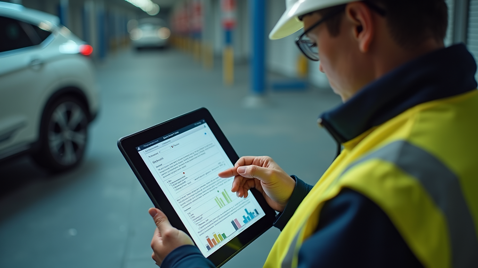 High angle view of a safety officer reviewing digital reports on a tablet