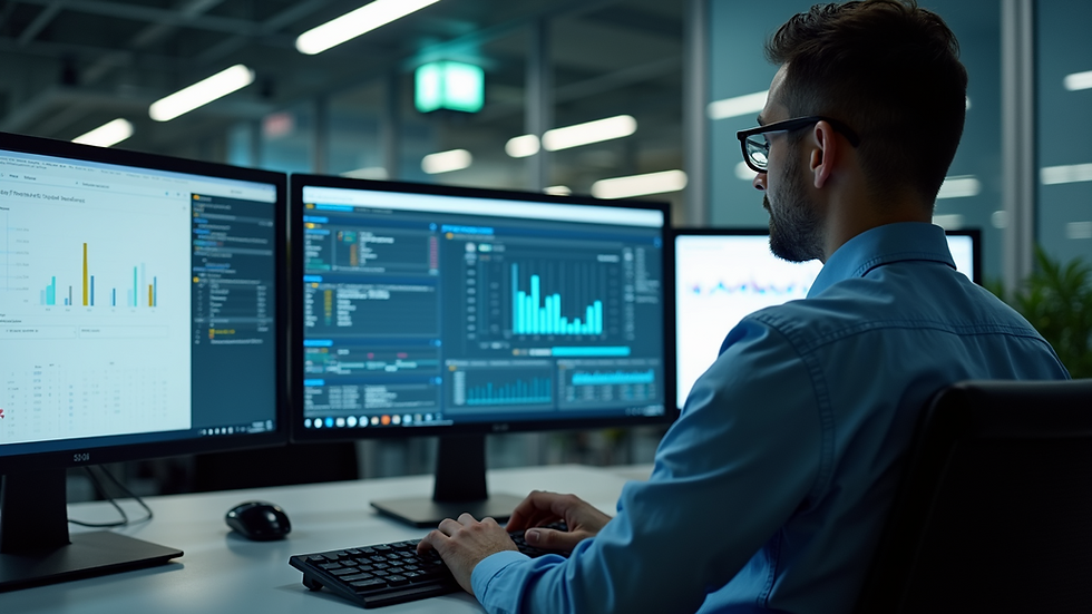 Eye-level view of a safety manager analyzing data on a computer screen
