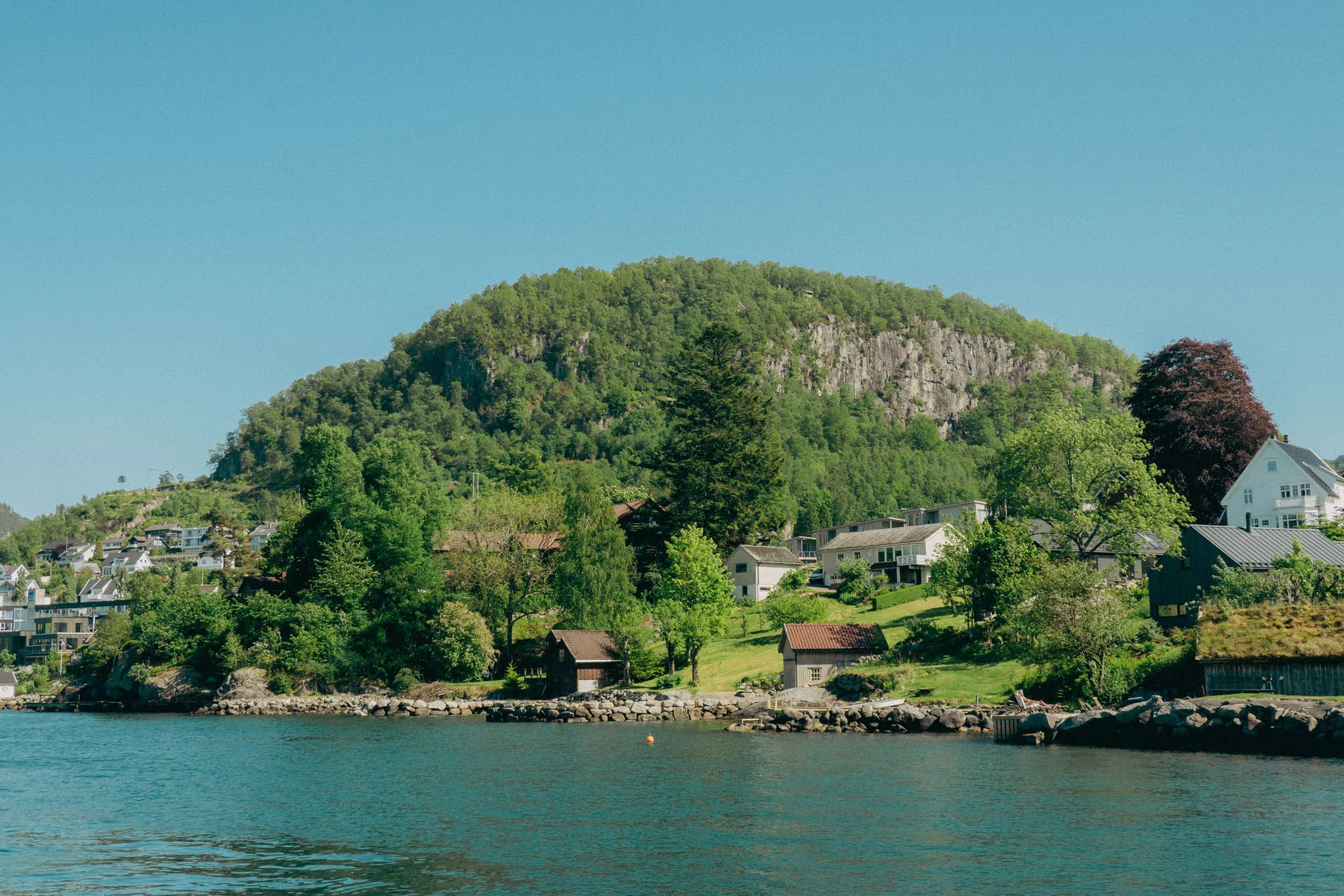 Green treelined mountain with a small town on the water in the foreground