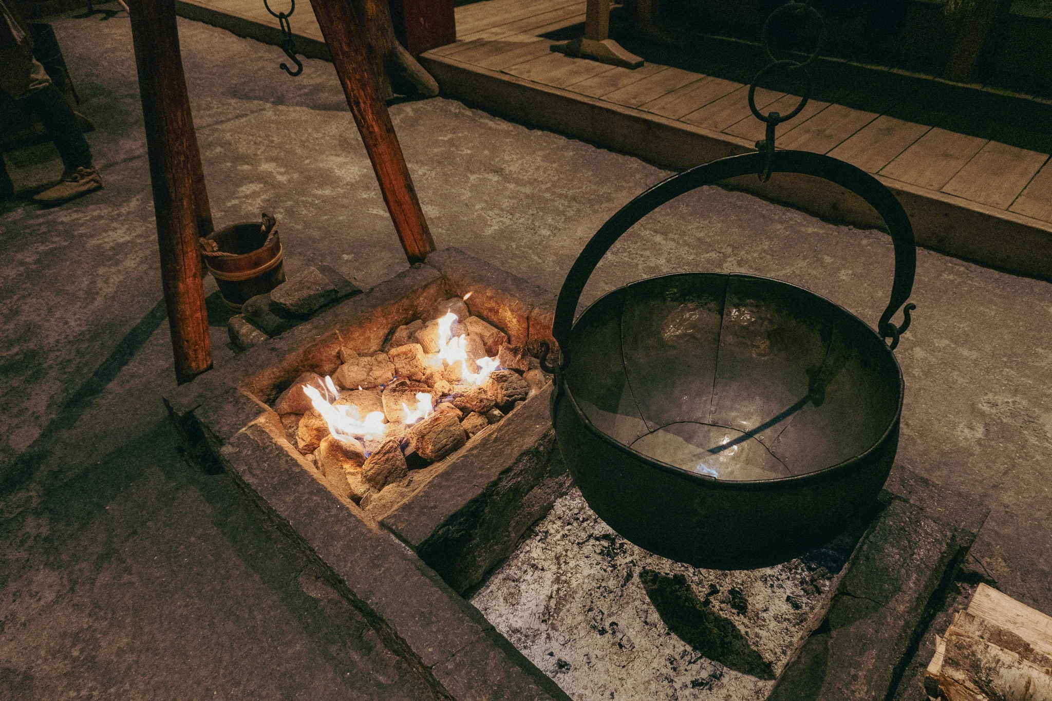 Traditional Viking cookware on display in the Lofotr Viking Museum